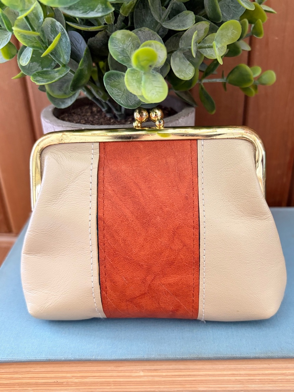 Vintage Buxton Leather Kiss Lock Coin Purse Cream & Rust Stripe Gold Frame